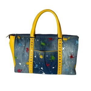 Vintage Junior Drake Denim Hobo Tote Weekender Bag Leather Paint Splatter Studs